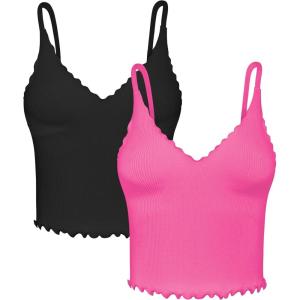 imageSunzel Tank Top for Women V Neck Seamless Ribbed Crop Camisole with RufflesBlack  Hot Pink