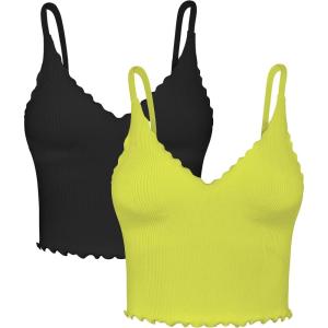 imageSunzel Tank Top for Women V Neck Seamless Ribbed Crop Camisole with RufflesBlack  Sprout Green