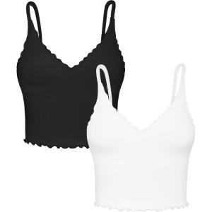 imageSunzel Tank Top for Women V Neck Seamless Ribbed Crop Camisole with RufflesBlack  White