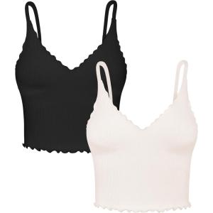 imageSunzel Tank Top for Women V Neck Seamless Ribbed Crop Camisole with RufflesBlackbeige