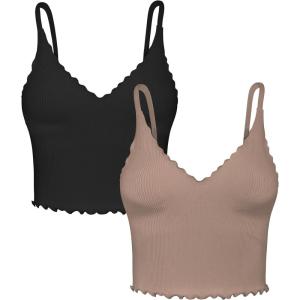 imageSunzel Tank Top for Women V Neck Seamless Ribbed Crop Camisole with RufflesBlackbrown