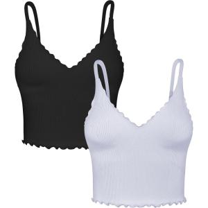 imageSunzel Tank Top for Women V Neck Seamless Ribbed Crop Camisole with RufflesBlackgrey