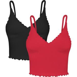 imageSunzel Tank Top for Women V Neck Seamless Ribbed Crop Camisole with RufflesBlackred