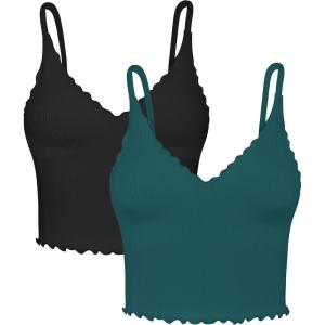 imageSunzel Tank Top for Women V Neck Seamless Ribbed Crop Camisole with RufflesBlackteal