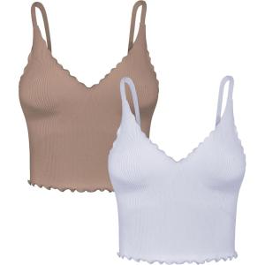imageSunzel Tank Top for Women V Neck Seamless Ribbed Crop Camisole with RufflesBrowngrey