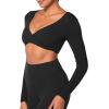 imageSunzel Womens Long Sleeve Crop Top Buttery Soft Deep V Twist Workout Tee with Compression for Yoga Pilates GymBlack