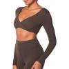 imageSunzel Womens Long Sleeve Crop Top Buttery Soft Deep V Twist Workout Tee with Compression for Yoga Pilates GymSeal Brown