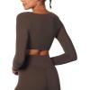 imageSunzel Womens Long Sleeve Crop Top Buttery Soft Deep V Twist Workout Tee with Compression for Yoga Pilates GymSeal Brown