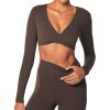 imageSunzel Womens Long Sleeve Crop Top Buttery Soft Deep V Twist Workout Tee with Compression for Yoga Pilates GymSeal Brown