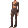 imageSunzel Womens Long Sleeve Crop Top Buttery Soft Deep V Twist Workout Tee with Compression for Yoga Pilates GymSeal Brown