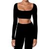 imageSunzel Long Sleeve Workout Tops for Women Breathable Square Neck Crop Top with Built in Bra Cropped Yoga Shirt for Lounge GymBlack