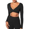 imageSunzel Womens Long Sleeve Crop Top Buttery Soft Deep V Twist Workout Tee with Compression for Yoga Pilates GymBlack