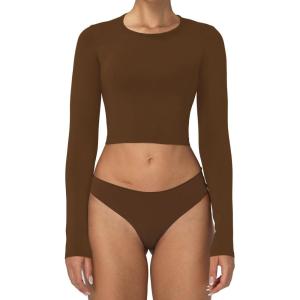 imageSunzel Long Sleeve Fitted Basic T Shirts for Women Crew Neck Basic Tee Cute Trendy Fall Crop Going Out Tops Tight TeesBrown