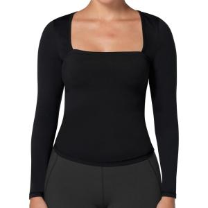 imageSunzel Long Sleeve Shirts for Women Square Neck Slim Fit Tight Tank Top Double Lined Trendy Going Out TeeBlack