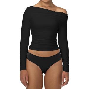 imageSunzel Long Sleeve Shirts for Women Womens Off The Shoulder TopsSlim Fit Double Lined Top with Boat NeckBlack