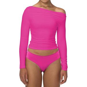 imageSunzel Long Sleeve Shirts for Women Womens Off The Shoulder TopsSlim Fit Double Lined Top with Boat NeckHot Pink