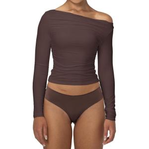 imageSunzel Long Sleeve Shirts for Women Womens Off The Shoulder TopsSlim Fit Double Lined Top with Boat NeckSeal Brown