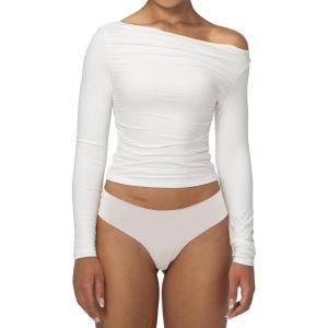 imageSunzel Long Sleeve Shirts for Women Womens Off The Shoulder TopsSlim Fit Double Lined Top with Boat NeckWhite