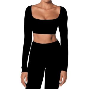 imageSunzel Long Sleeve Workout Tops for Women Breathable Square Neck Crop Top with Built in Bra Cropped Yoga Shirt for Lounge GymBlack