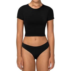 imageSunzel Short Sleeve Fitted Basic T Shirts for Women Soft Crew Neck Basic Crop Tee Cute Trendy Summer Tops Tight TeesBlack