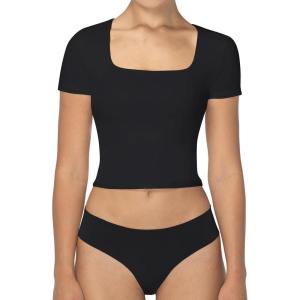 imageSunzel Short Sleeve Shirts for Women Tee Square Neck Basic T Double Layer Tshrit Slim Fit Going Out TopBlack