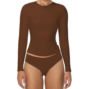 imageSunzel Tight Long Sleeve Shirts for Women Slim Fit Tshirts Crew Neck Basic Tees Trendy Fitted Workout Going Out TopsBrown