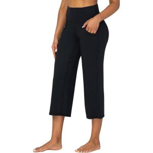 imageSunzel Wide Leg Capri Pants for Women with Pockets High Waisted Tummy Control Yoga Pants Flare Lounge Casual Cropped PantsBlack