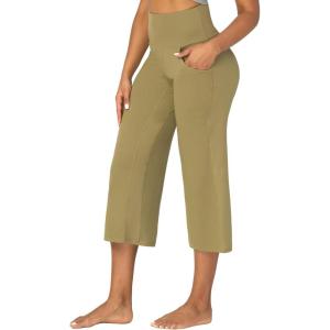 imageSunzel Wide Leg Capri Pants for Women with Pockets High Waisted Tummy Control Yoga Pants Flare Lounge Casual Cropped PantsOlive Green