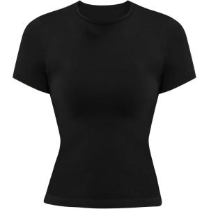 imageSunzel Womens Fitted Tight Short Sleeve Shirts Basic Slim Fit T Shirts Soft Crew Neck Trendy Summer Tee TopsBlack