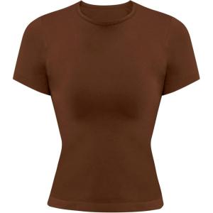 imageSunzel Womens Fitted Tight Short Sleeve Shirts Basic Slim Fit T Shirts Soft Crew Neck Trendy Summer Tee TopsBrown