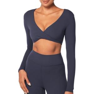 imageSunzel Womens Long Sleeve Crop Top Buttery Soft Deep V Twist Workout Tee with Compression for Yoga Pilates GymAsh Blue