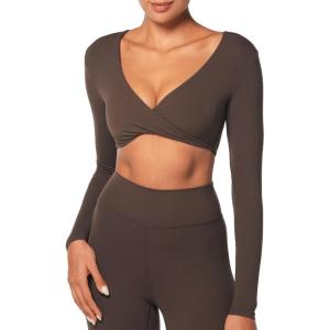 imageSunzel Womens Long Sleeve Crop Top Buttery Soft Deep V Twist Workout Tee with Compression for Yoga Pilates GymSeal Brown