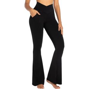 imageSunzel Flare Leggings for Women with Pockets Crossover Yoga Pants with Tummy Control High Waisted and Wide LegJet Black