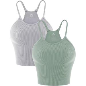 imageSunzel Free to Be Tank Crop Ribbed Tank Tops Seamless Racerback Camisoles No pad Camis Cropped Workout Gym YogaGrey Grayish Green2pcscrop