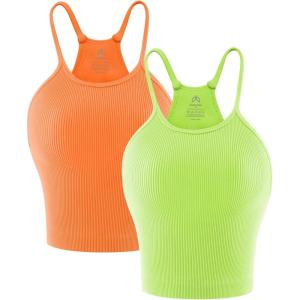 imageSunzel Free to Be Tank Crop Ribbed Tank Tops Seamless Racerback Camisoles No pad Camis Cropped Workout Gym YogaNeon Greenbright Orange2pcswaist Length