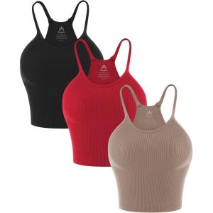 imageSunzel Free to Be Tank Crop Ribbed Tank Tops Seamless Racerback Camisoles No pad Camis Cropped Workout Gym YogaRed Black Brown3pcscrop