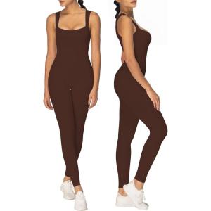 imageSunzel Ribbed Yoga Jumpsuits for Women Sexy Seamless Square Neck Tummy Control Workout One Piece Bodysuits Unitard for WomenBrown