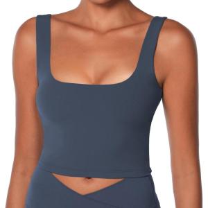 imageSunzel Womens Double Lined Tank Top Sleeveless Square Neck Crop Top Yoga ampamp Fitness Fitted Workout Casual Activewear ShirtAsh Blue