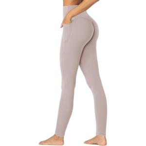 imageSunzfly Invisible Butt Scrunch Workout Leggings with Pockets for Women No Front Seam Gym Yoga Pants with Tummy ControlBeige