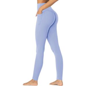 imageSunzfly Invisible Butt Scrunch Workout Leggings with Pockets for Women No Front Seam Gym Yoga Pants with Tummy ControlLight Blue
