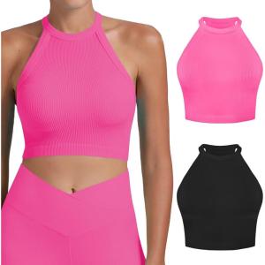 imageSunzel Ribbed Tank Tops for Women Halter High Neck Seamless Cute Crop Top Basics Sleeveless Workout Athletic Yoga Shirts2 Pack Blackhot Pink Crop