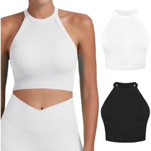imageSunzel Ribbed Tank Tops for Women Halter High Neck Seamless Cute Crop Top Basics Sleeveless Workout Athletic Yoga Shirts2 Pack Blackwhite Crop