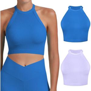 imageSunzel Ribbed Tank Tops for Women Halter High Neck Seamless Cute Crop Top Basics Sleeveless Workout Athletic Yoga Shirts2 Pack Classic Bluelilac Crop
