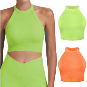imageSunzel Ribbed Tank Tops for Women Halter High Neck Seamless Cute Crop Top Basics Sleeveless Workout Athletic Yoga Shirts2 Pack Neon Greenbright Orange Crop