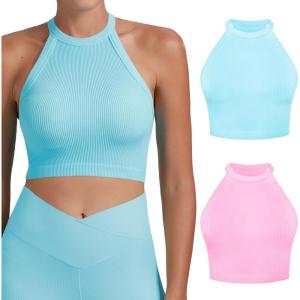 imageSunzel Ribbed Tank Tops for Women Halter High Neck Seamless Cute Crop Top Basics Sleeveless Workout Athletic Yoga Shirts2 Pack Sky Bluebubblegum Crop
