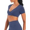 imageSunzel Womens Twist Deep V Workout Tops Summer Crop Gym Tops Buttery Soft Short Sleeve Shirts for Yoga Athletic PilatesAsh Blue