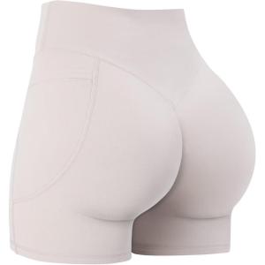 imageSunzel Hidden Butt Lifting Scrunch 4 Inch Biker Shorts with Pocket Women No Front Seam High Waist Tummy Control Yoga ShortsBeige