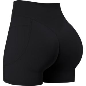 imageSunzel Hidden Butt Lifting Scrunch 4 Inch Biker Shorts with Pocket Women No Front Seam High Waist Tummy Control Yoga ShortsBlack