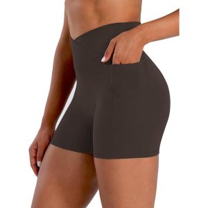 imageSunzel Hidden Butt Lifting Scrunch Biker Shorts Women with Pockets Crossover High Waist Yoga Gym Workout Tummy Control ShortsSeal Brown