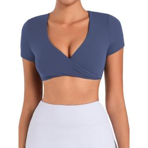 imageSunzel Womens Twist Deep V Workout Tops Summer Crop Gym Tops Buttery Soft Short Sleeve Shirts for Yoga Athletic PilatesAsh Blue